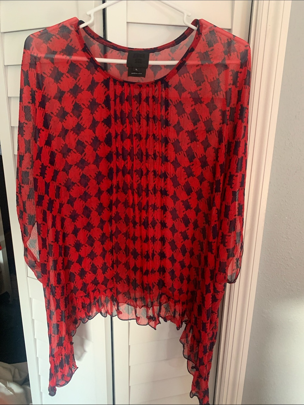Anna Sui Red and Black Sheer Pleated Tunic
